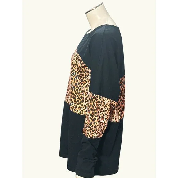 Color Block Pullover Blouse Leopard Print Tunic Raglan Long Sleeve Casual Loose - Picture 2 of 9